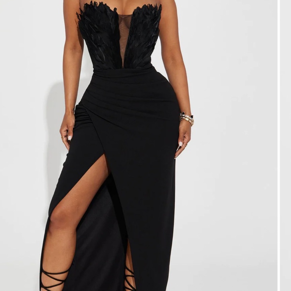 Black maxi dress with high split Feathered top with Deep V cut